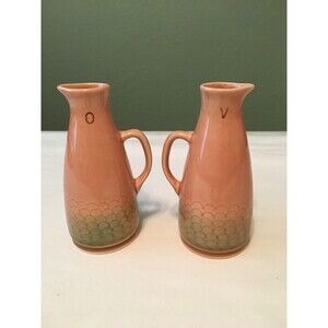 VINTAGE RUSTICANA MANN Pottery Peach & Green Ceramic Oil And Vinegar Pitchers